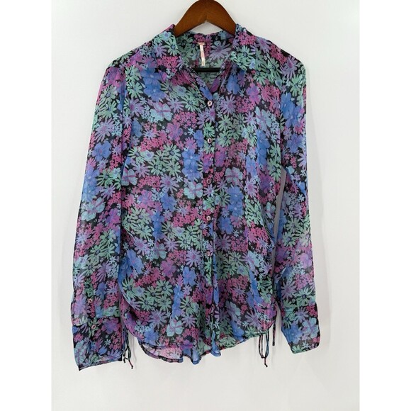 Free People Mathilda Sheer Floral Long Sleeve Button Up Blouse Side Ties SMALL - Picture 8 of 13